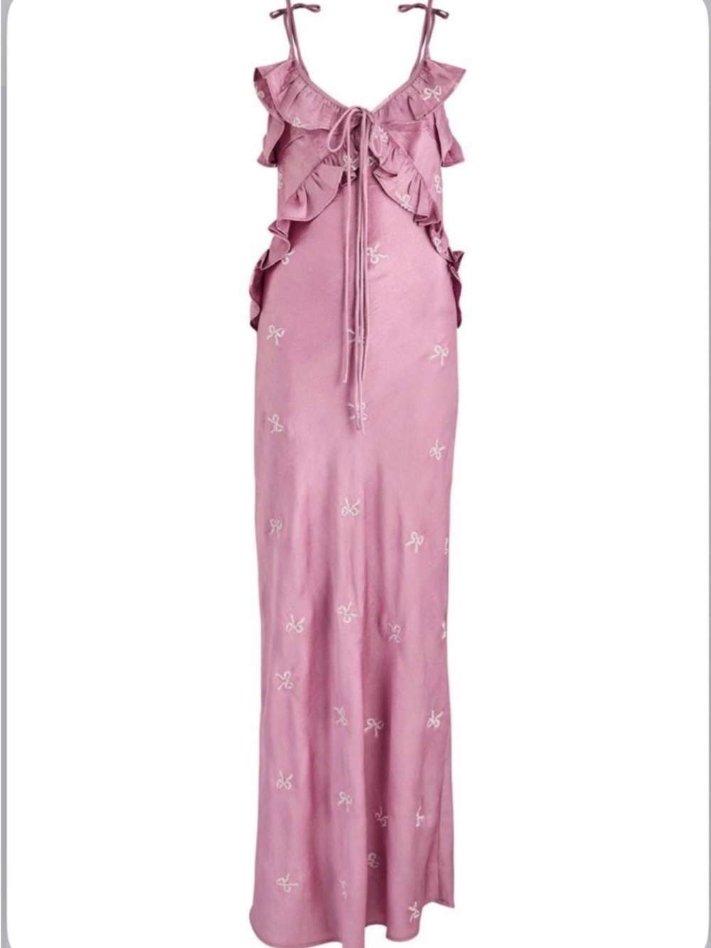 Embroidered Pink Ruffle Tie-Shoulder Maxi Dress with bows